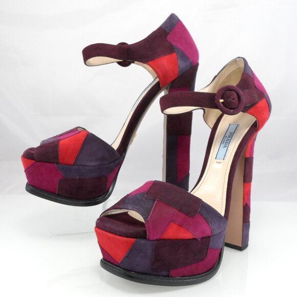 NIB$990 Collection Prada Patchwork d’Orsay Ankle Strap Platform Heels Vintage 37 - Picture 7 of 16